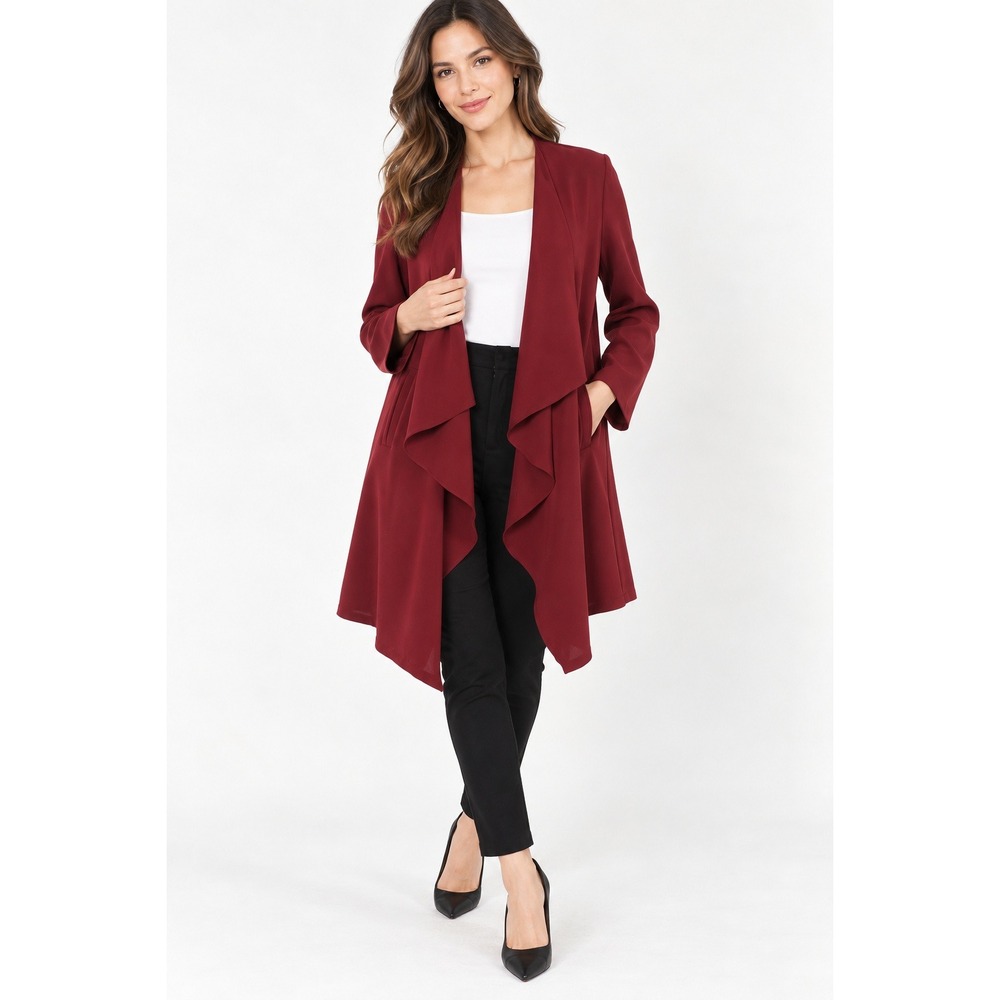 Nine West Waterfall Cardigan Burgundy Draped Duster Boho Romantic Quiet Luxury